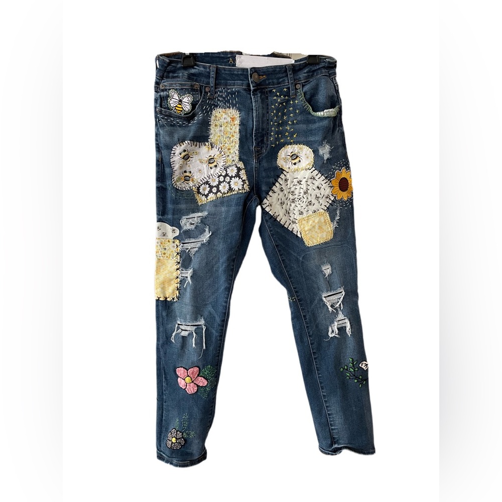 Custom Upcycled Jeans Sz 12 14 Patchwork Hand Embroidered Sashiko Boro - Picture 15 of 15